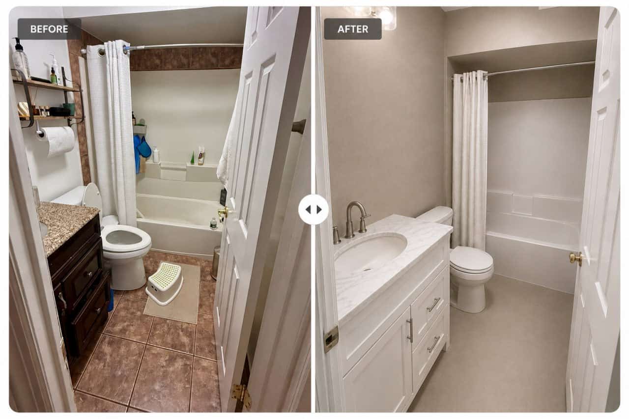 Side-by-side bathroom views before remodeling and after a light microcement finish