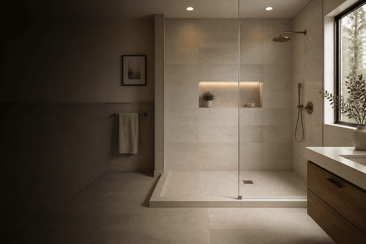 Finished bathroom with large-format stone tile on the walls and floor